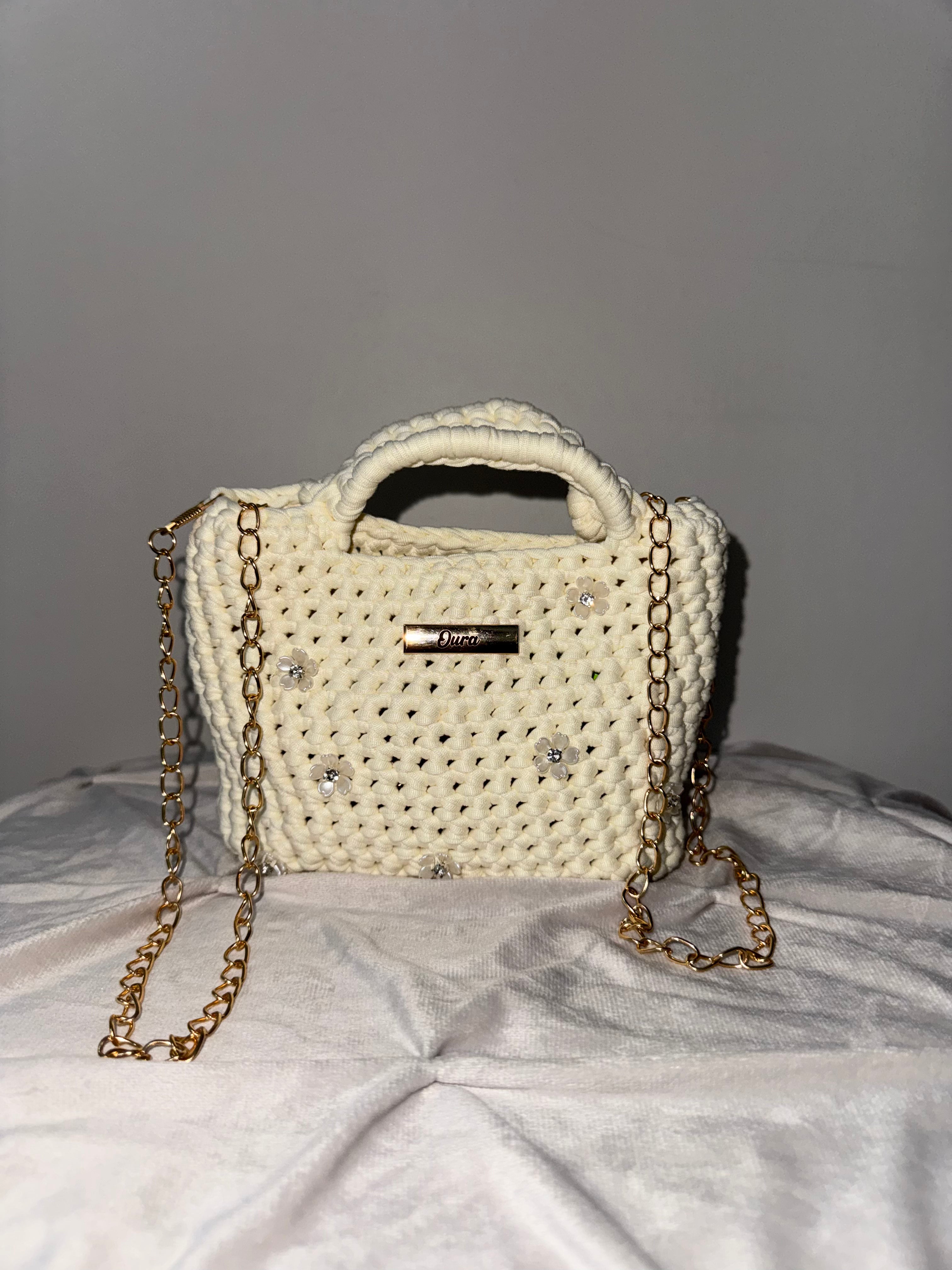 The Classic Chain bag- Soft White With Flower Detailing